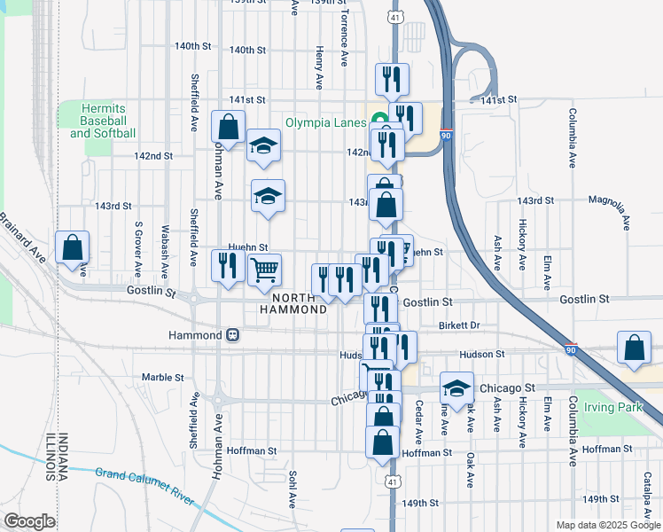 map of restaurants, bars, coffee shops, grocery stores, and more near 4348 Torrence Avenue in Hammond
