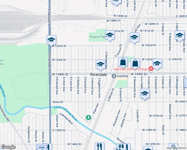 map of restaurants, bars, coffee shops, grocery stores, and more near 14328 South Normal Avenue in Riverdale