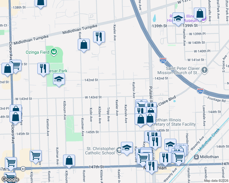 map of restaurants, bars, coffee shops, grocery stores, and more near 14220 Keeler Avenue in Crestwood