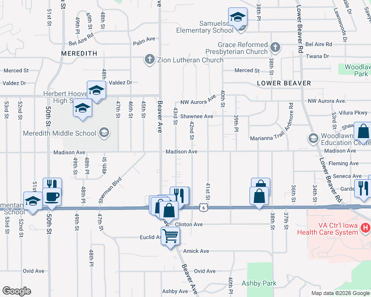 map of restaurants, bars, coffee shops, grocery stores, and more near 4021 43rd Street in Des Moines