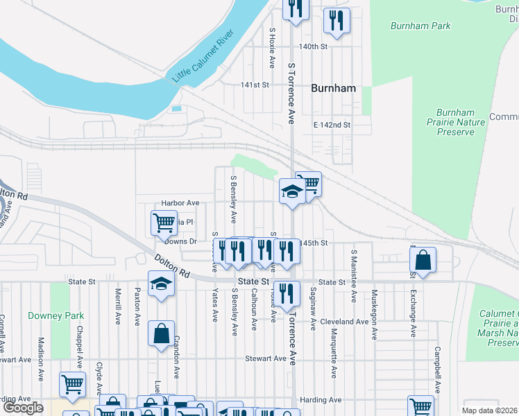 map of restaurants, bars, coffee shops, grocery stores, and more near 14342 South Hoxie Avenue in Chicago