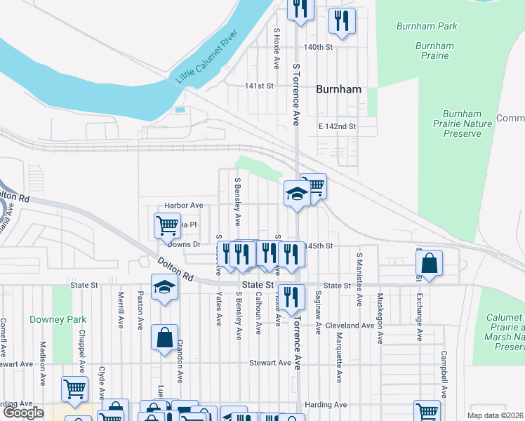 map of restaurants, bars, coffee shops, grocery stores, and more near 14405 Calhoun Avenue in Burnham