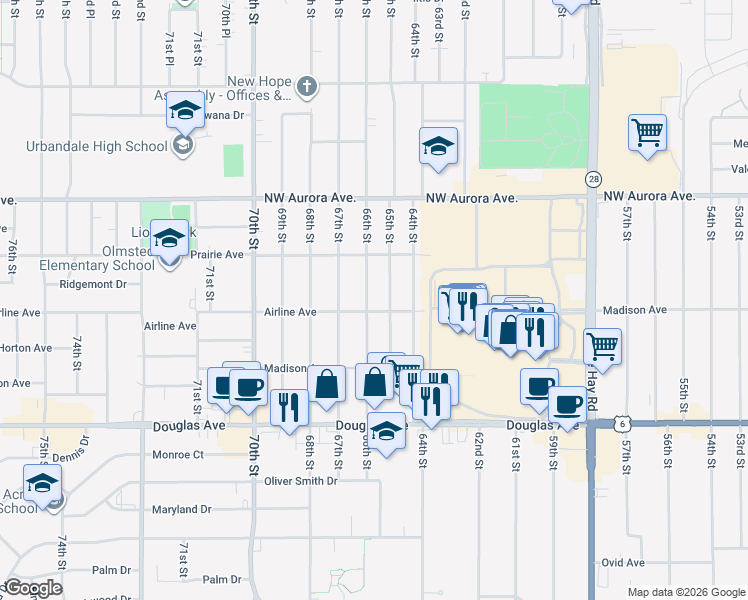map of restaurants, bars, coffee shops, grocery stores, and more near 4016 65th Street in Urbandale