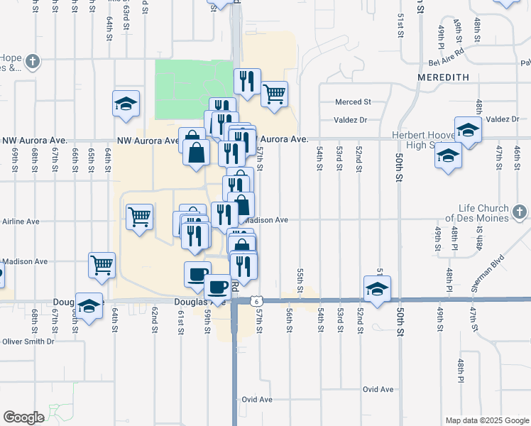 map of restaurants, bars, coffee shops, grocery stores, and more near 4025 57th Street in Des Moines