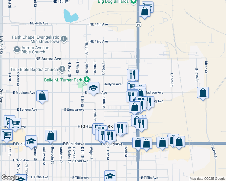map of restaurants, bars, coffee shops, grocery stores, and more near 1214 East Madison Avenue in Des Moines
