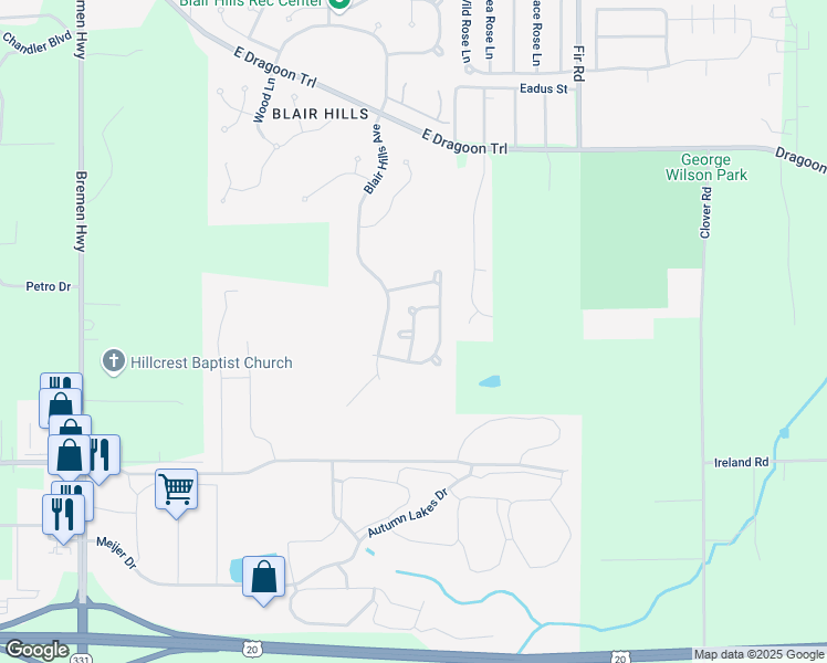 map of restaurants, bars, coffee shops, grocery stores, and more near Belknap Lane in Mishawaka