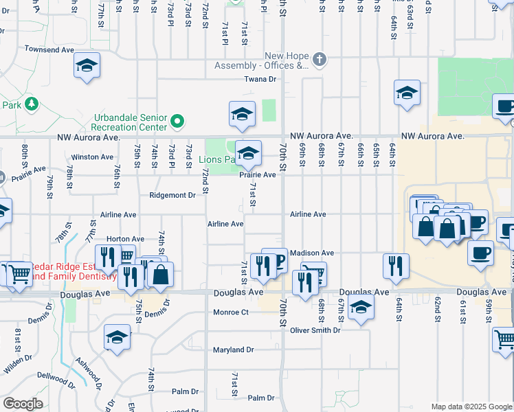 map of restaurants, bars, coffee shops, grocery stores, and more near 4019 71st Street in Urbandale