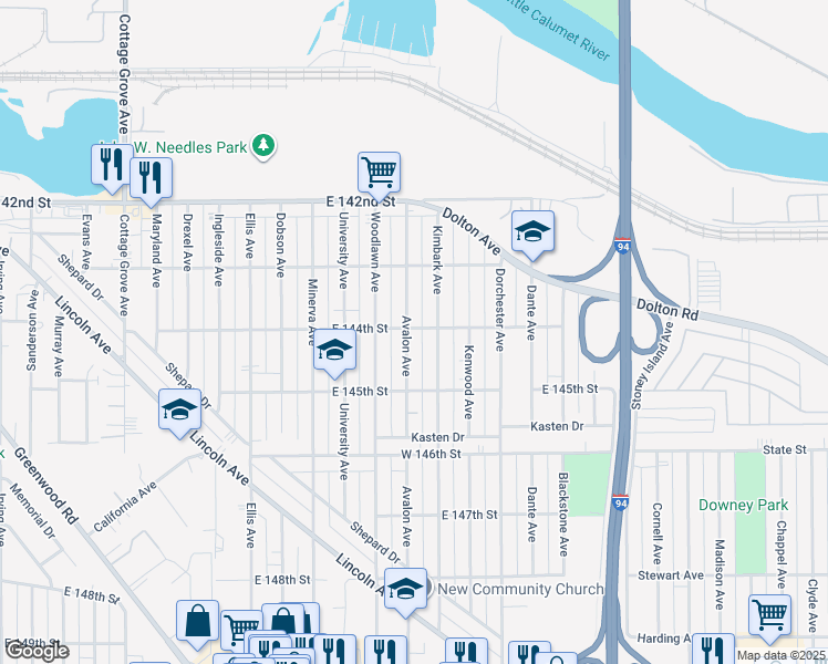 map of restaurants, bars, coffee shops, grocery stores, and more near 14401 Avalon Avenue in Dolton