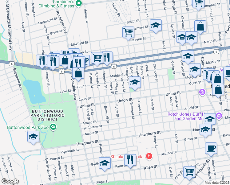 map of restaurants, bars, coffee shops, grocery stores, and more near 24 Lindsey Street in New Bedford