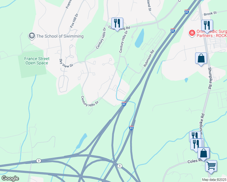 map of restaurants, bars, coffee shops, grocery stores, and more near 21 Highcrest Drive in Rocky Hill