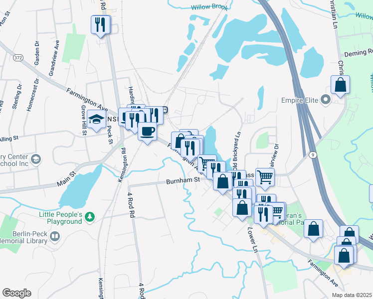 map of restaurants, bars, coffee shops, grocery stores, and more near 913 Farmington Avenue in Berlin