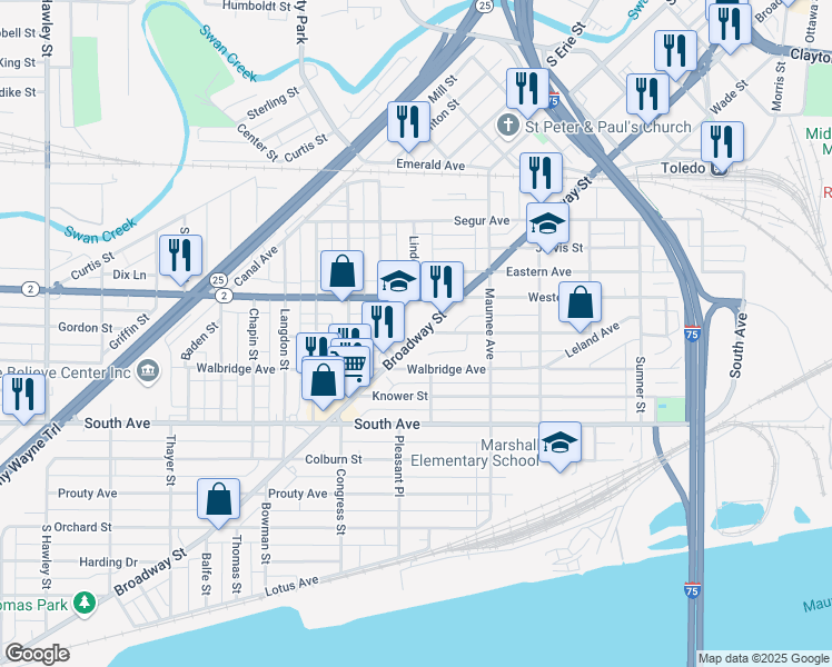 map of restaurants, bars, coffee shops, grocery stores, and more near 575 Western Avenue in Toledo