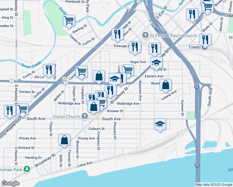 map of restaurants, bars, coffee shops, grocery stores, and more near 575 Western Avenue in Toledo