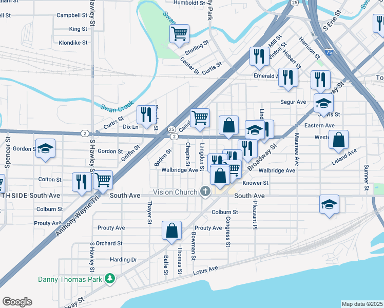 map of restaurants, bars, coffee shops, grocery stores, and more near 315 Chapin Street in Toledo