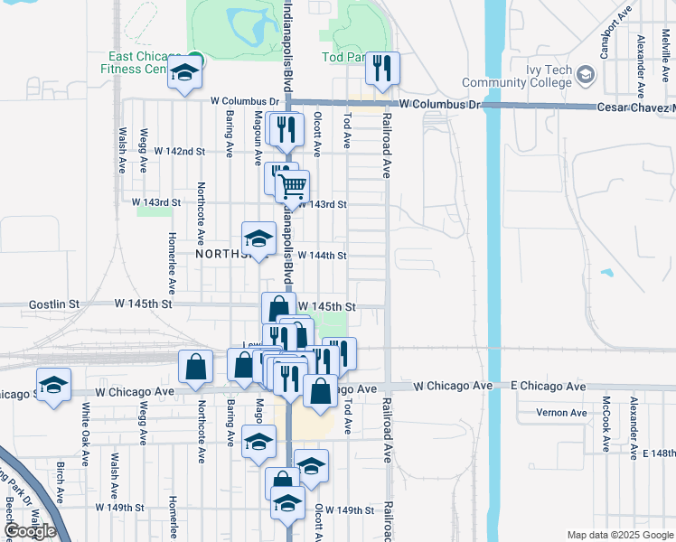 map of restaurants, bars, coffee shops, grocery stores, and more near 606 West 144th Street in East Chicago