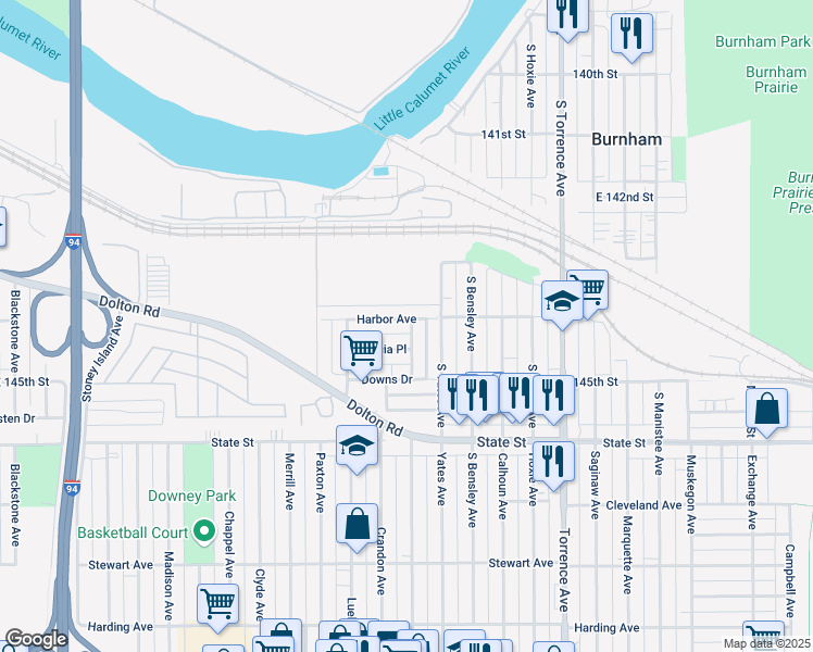 map of restaurants, bars, coffee shops, grocery stores, and more near 1638 Harbor Avenue in Calumet City