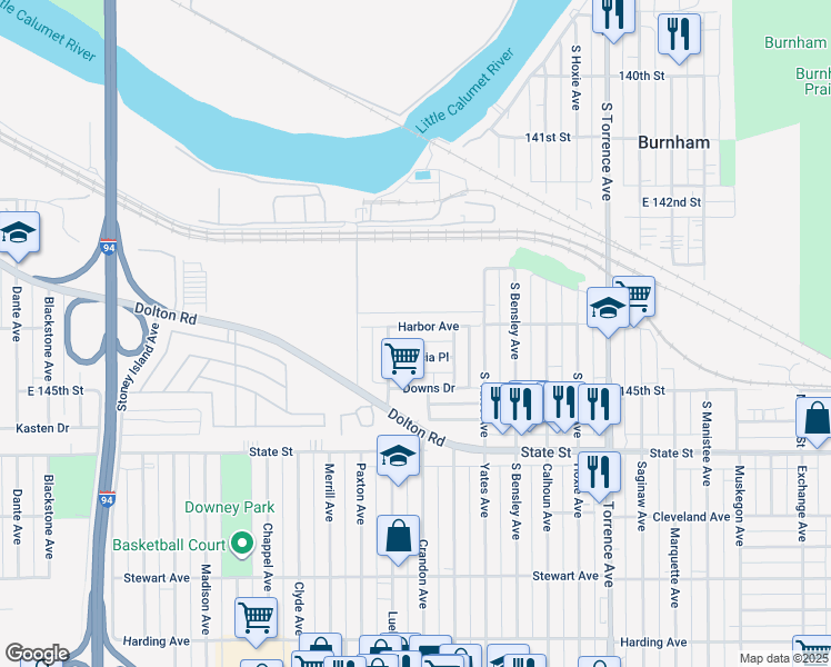 map of restaurants, bars, coffee shops, grocery stores, and more near 1700 Harbor Avenue in Calumet City