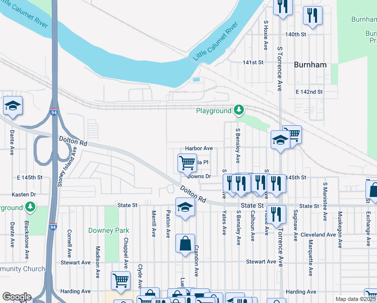 map of restaurants, bars, coffee shops, grocery stores, and more near 1700 Harbor Avenue in Calumet City
