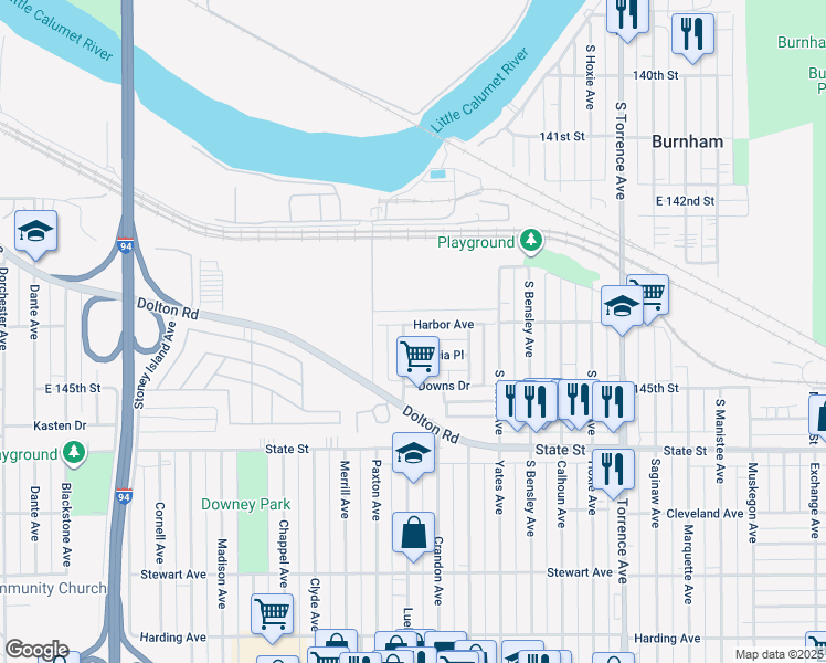 map of restaurants, bars, coffee shops, grocery stores, and more near 1700 Harbor Avenue in Calumet City