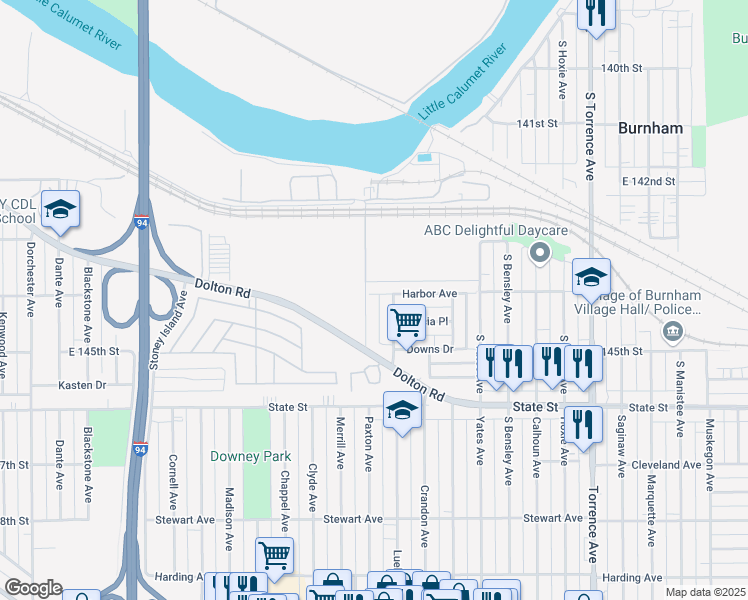map of restaurants, bars, coffee shops, grocery stores, and more near 1728 Harbor Avenue in Calumet City