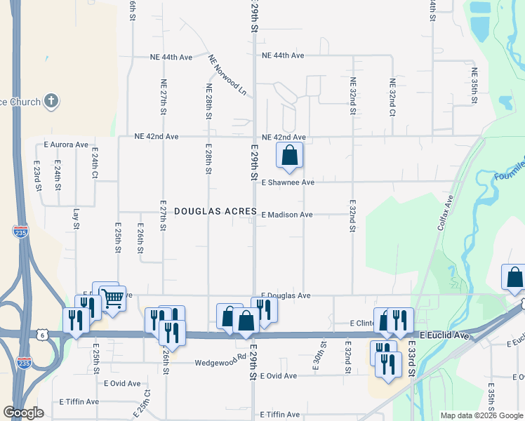 map of restaurants, bars, coffee shops, grocery stores, and more near 4019 East 29th Street in Des Moines