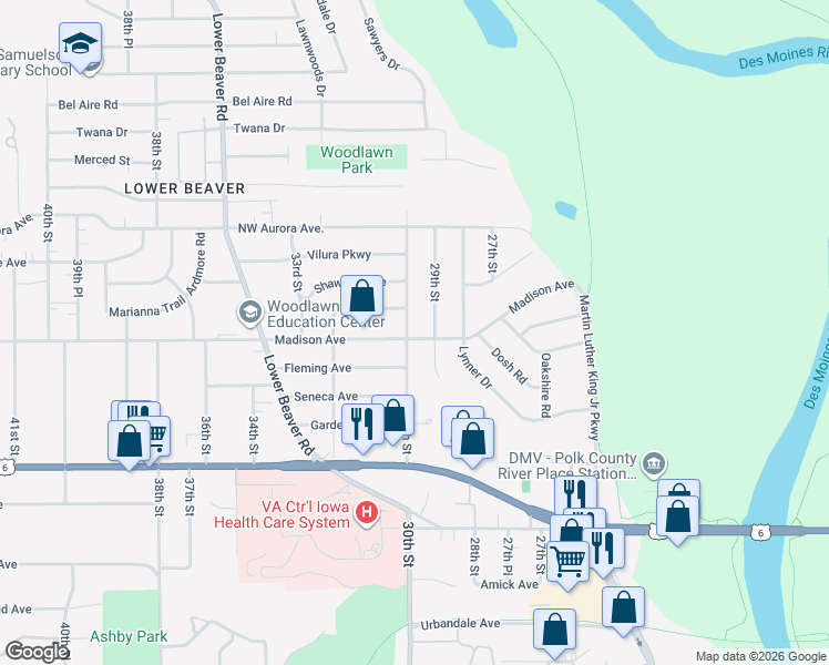 map of restaurants, bars, coffee shops, grocery stores, and more near 4013 30th Street in Des Moines