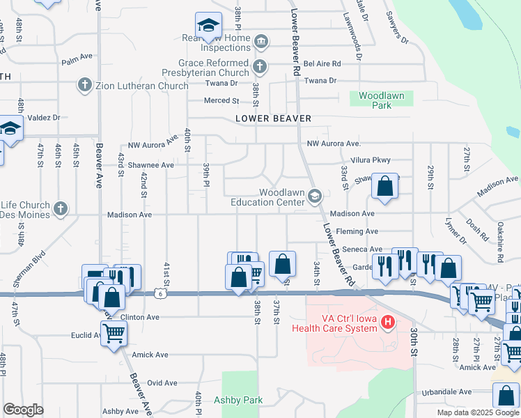 map of restaurants, bars, coffee shops, grocery stores, and more near 4024 36th Place in Des Moines