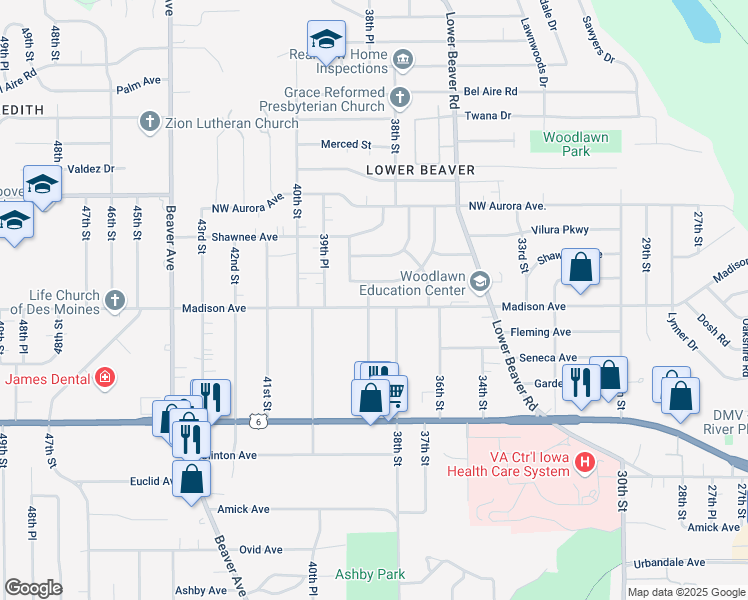 map of restaurants, bars, coffee shops, grocery stores, and more near 3813 Marianna Trail in Des Moines