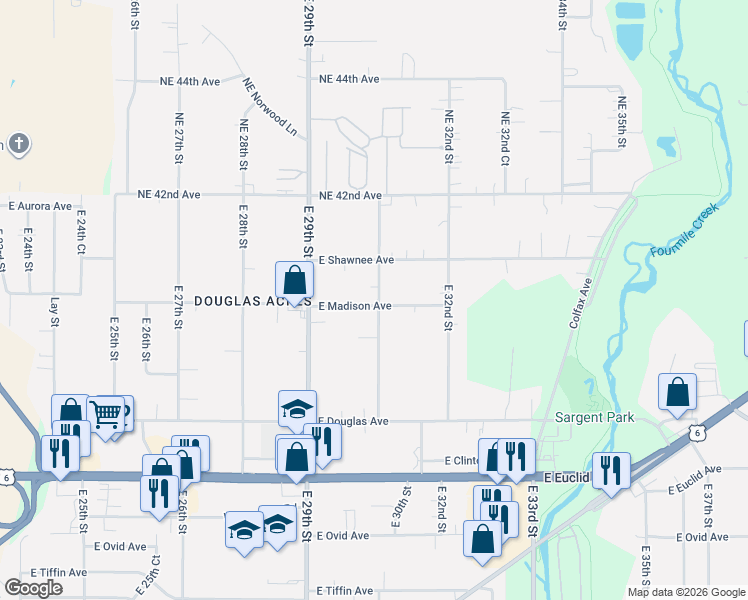 map of restaurants, bars, coffee shops, grocery stores, and more near 4000 East 30th Street in Des Moines