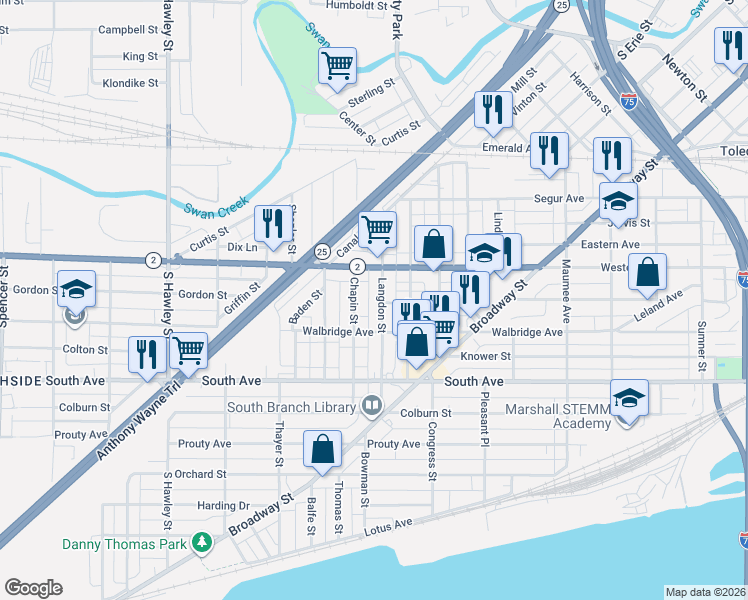 map of restaurants, bars, coffee shops, grocery stores, and more near 336 Langdon Street in Toledo