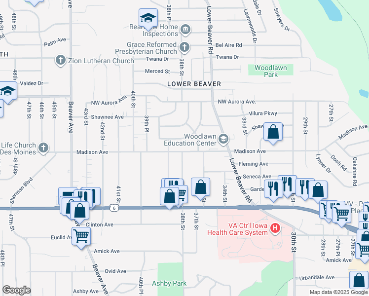 map of restaurants, bars, coffee shops, grocery stores, and more near 4024 36th Place in Des Moines