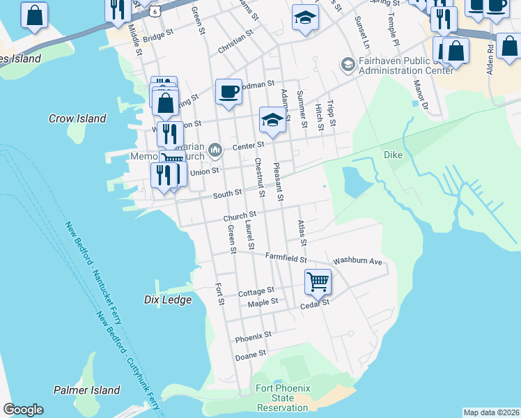map of restaurants, bars, coffee shops, grocery stores, and more near 77 Chestnut Street in Fairhaven