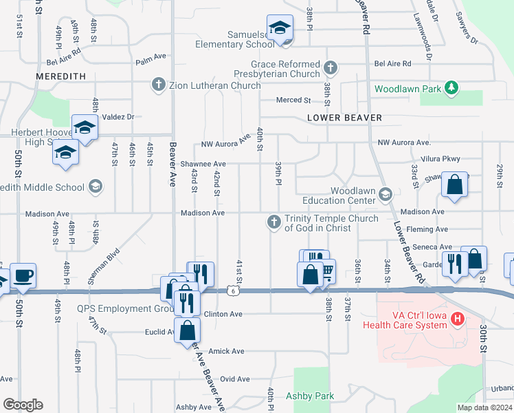 map of restaurants, bars, coffee shops, grocery stores, and more near 4000 40th Street in Des Moines