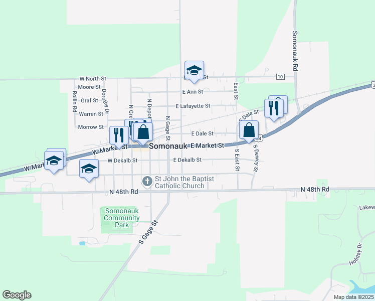 map of restaurants, bars, coffee shops, grocery stores, and more near 109 South Sycamore Street in Somonauk