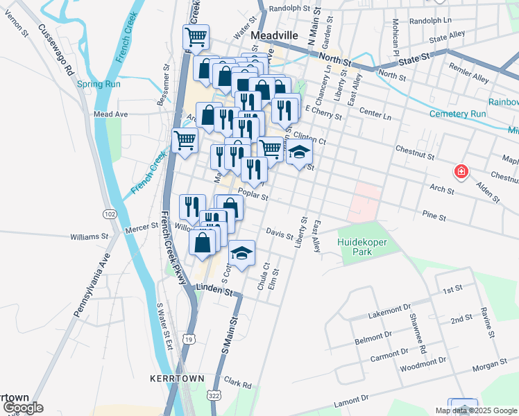 map of restaurants, bars, coffee shops, grocery stores, and more near 1096 South Main Street in Meadville