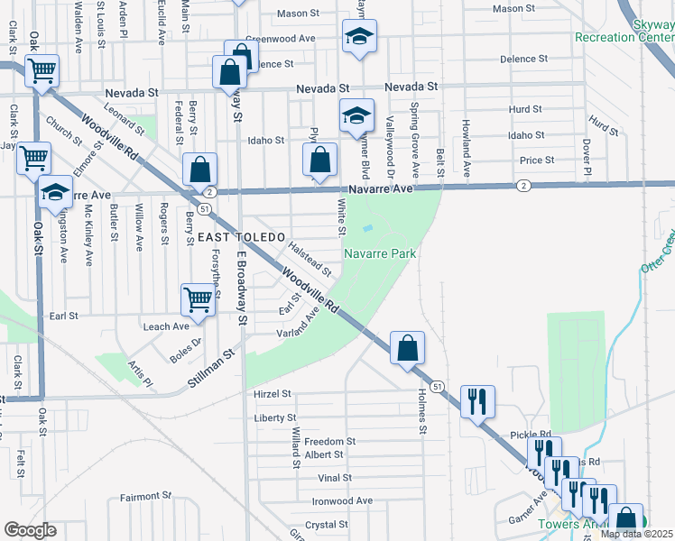 map of restaurants, bars, coffee shops, grocery stores, and more near 1014 White Street in Toledo