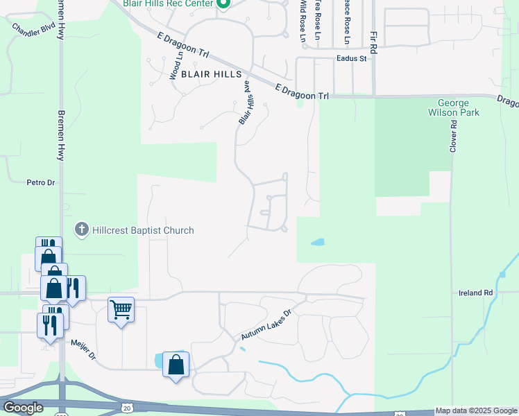 map of restaurants, bars, coffee shops, grocery stores, and more near Belknap Lane in Mishawaka