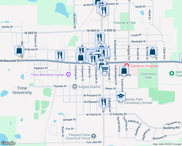 map of restaurants, bars, coffee shops, grocery stores, and more near 209 South West Street in Angola