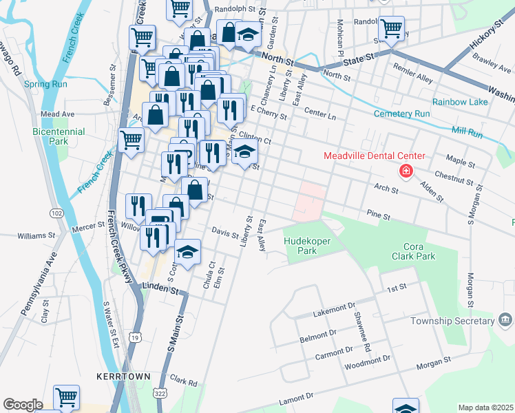 map of restaurants, bars, coffee shops, grocery stores, and more near 1044 Liberty Street in Meadville
