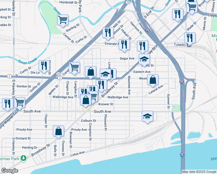 map of restaurants, bars, coffee shops, grocery stores, and more near 575 Western Avenue in Toledo