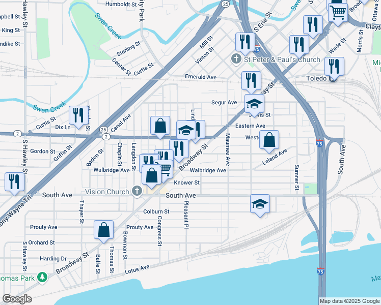 map of restaurants, bars, coffee shops, grocery stores, and more near 575 Western Avenue in Toledo