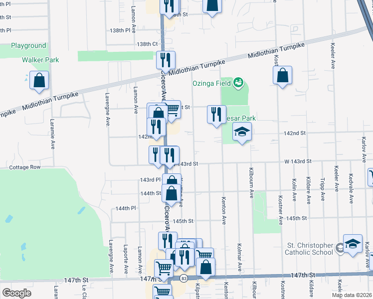 map of restaurants, bars, coffee shops, grocery stores, and more near 14225 South Cicero Avenue in Crestwood