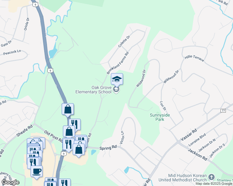 map of restaurants, bars, coffee shops, grocery stores, and more near 40 Kerr Road in Poughkeepsie
