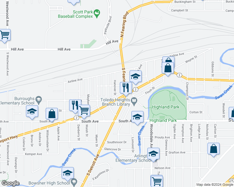 map of restaurants, bars, coffee shops, grocery stores, and more near 331 Hanover Street in Toledo