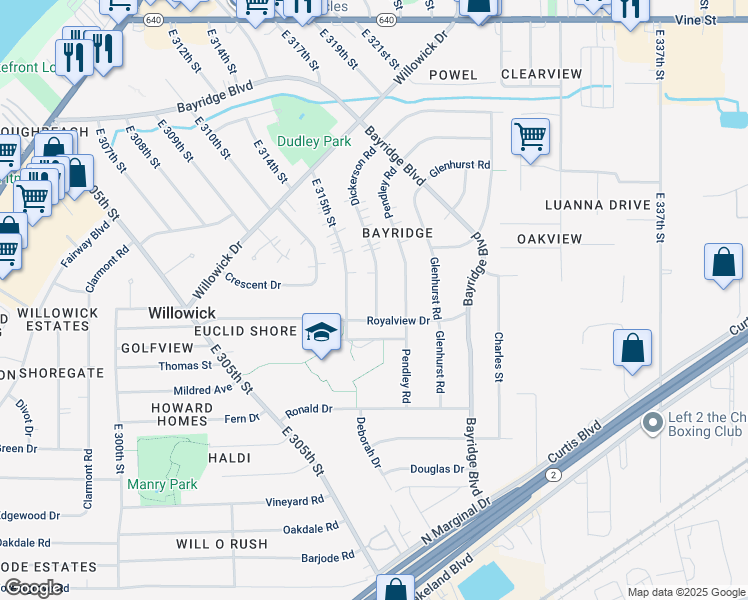 map of restaurants, bars, coffee shops, grocery stores, and more near 722 Dickerson Road in Willowick