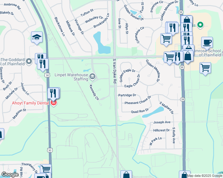 map of restaurants, bars, coffee shops, grocery stores, and more near 13639 Rockefeller Circle in Plainfield