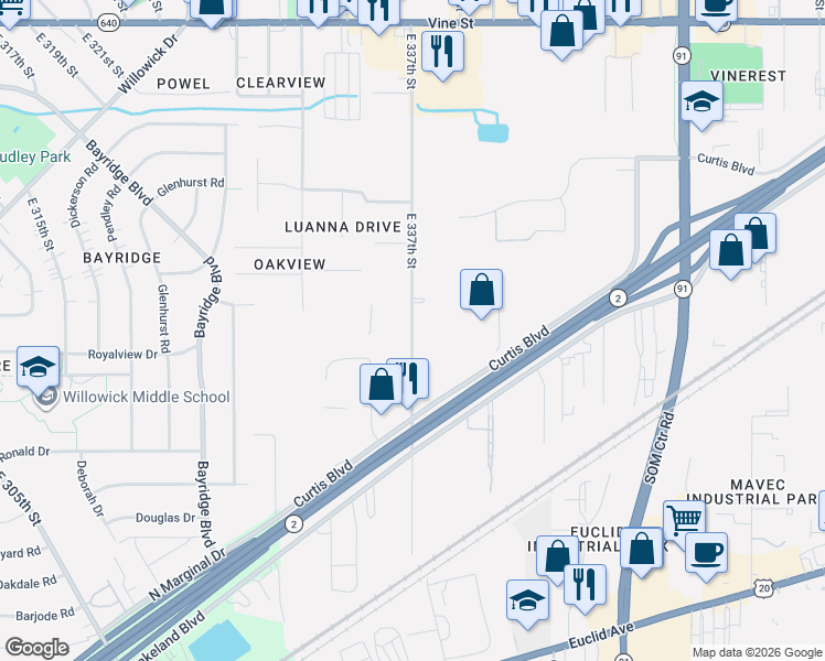 map of restaurants, bars, coffee shops, grocery stores, and more near 1721 East 337th Street in Eastlake