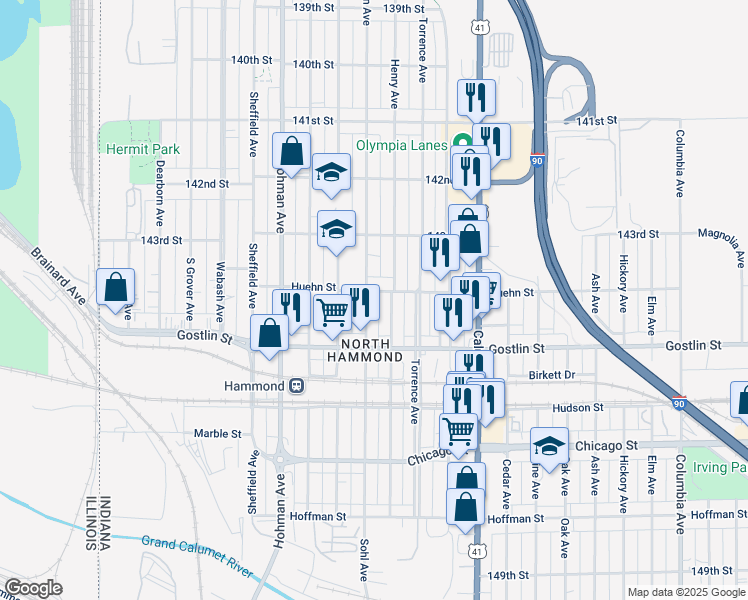 map of restaurants, bars, coffee shops, grocery stores, and more near 4409 Johnson Avenue in Hammond