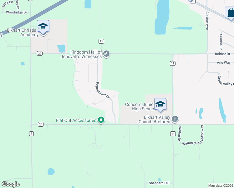 map of restaurants, bars, coffee shops, grocery stores, and more near 59319 Teaberry Court in Elkhart