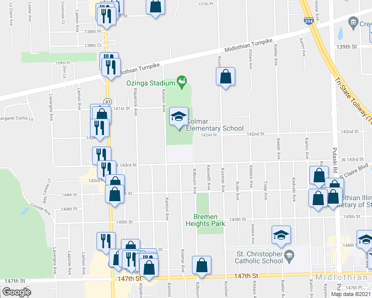 map of restaurants, bars, coffee shops, grocery stores, and more near 4500 W 143rd St in Crestwood